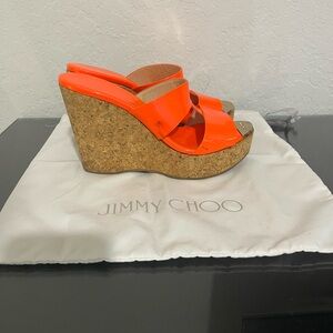 Jimmy Choo Neon Orange Patent Platform Wedges Size 38